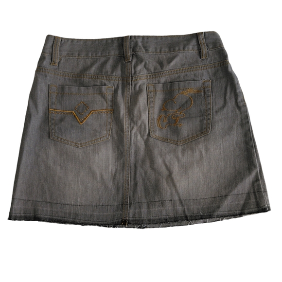 Snoopy Embroidered Grey Jean Distressed Hem Mini Skirt - Picture 2 of 16